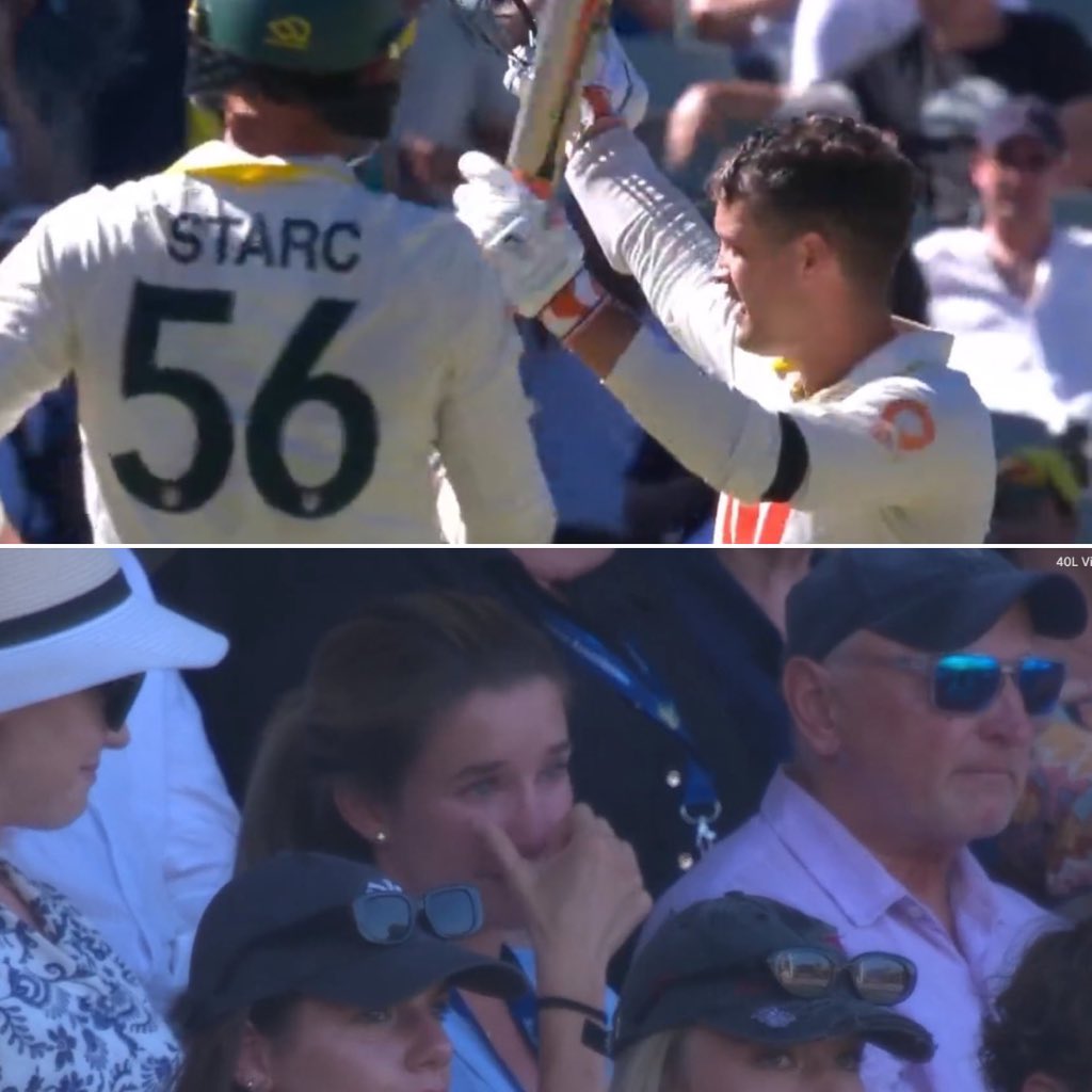 TheBarmyArmy's tweet photo. Alex Carey paid tribute to his late father, Gordon, after reaching his century.

The reaction from his wife in the stands says it all. Family is everything ❤️

#Ashes https://t.co/c7iUeUZ7Eg