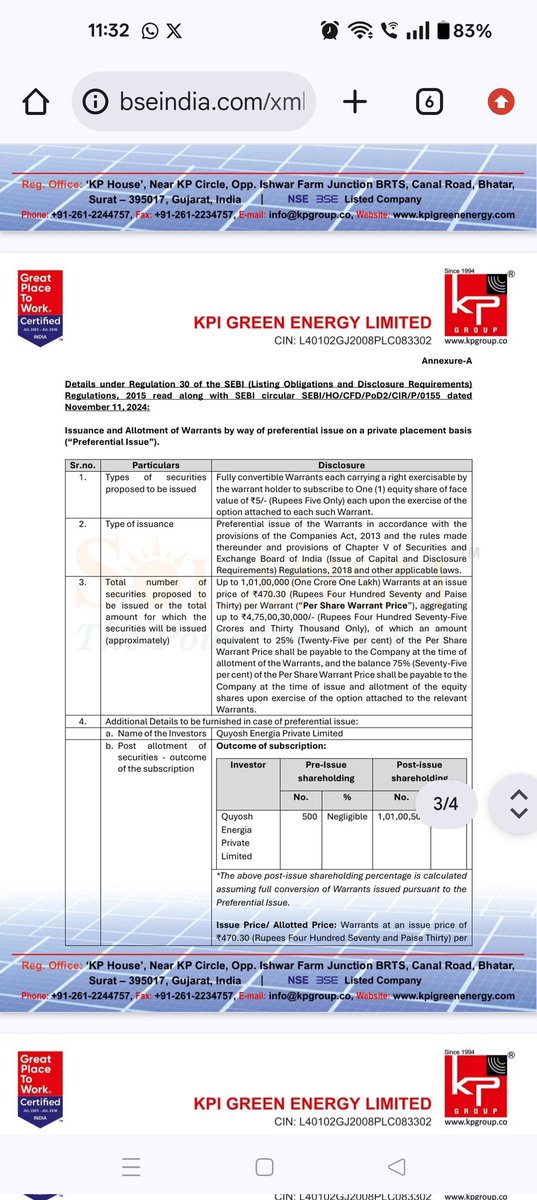 Big vote of confidence from KPI Green promoters...subscribing to 1.01 crore warrants at an issue price of 470 (12 percent above cmp)..475 crores investment overall...maybe promoters know more than retail and expert analysts. 😉 <a href="/nid_rockz/">Shreenidhi P</a>