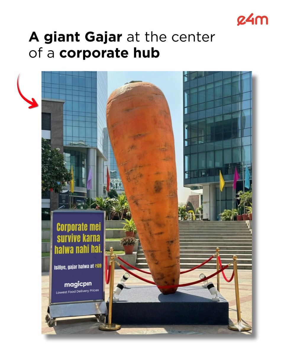e4mtweets's tweet image. Magicpin placed a giant carrot in a corporate park, using it to creatively highlight the challenges of corporate life and offer a moment of pause for busy professionals.

@mymagicpin

#Magicpin #CreativeMarketing #OOHAdvertising #CorporateLife #BrandActivation #Viral #e4m