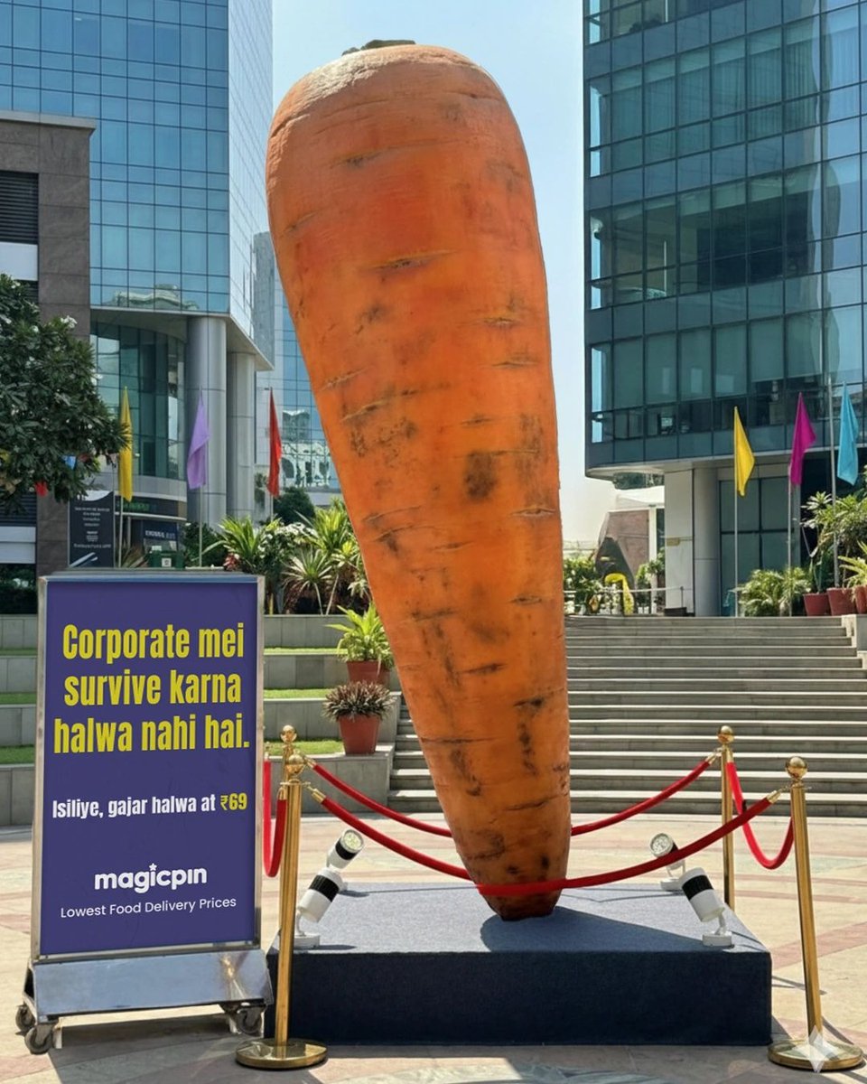 e4mtweets's tweet image. Magicpin placed a giant carrot in a corporate park, using it to creatively highlight the challenges of corporate life and offer a moment of pause for busy professionals.

@mymagicpin

#Magicpin #CreativeMarketing #OOHAdvertising #CorporateLife #BrandActivation #Viral #e4m
