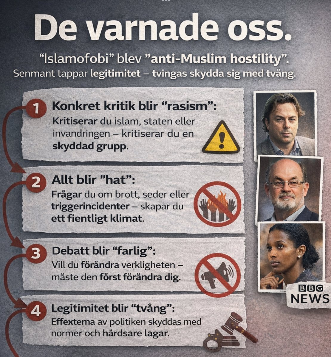 olakallqvist's tweet image. 1/9 Storbritannien har nu omdefinierat ”islamofobi” till ”anti-Muslim hostility”. Det låter oskyldigt. Det är det inte. Det är ett sent steg i en process som många varnade för redan för 20–25 år sedan. 🧵 Håmg med.