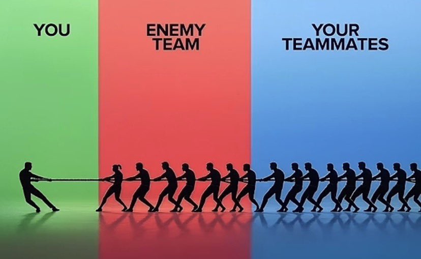 WTparody's tweet image. Teammates are enemies in blue