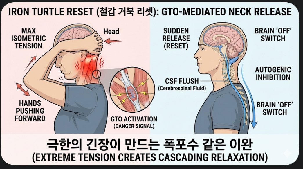 뒷목 뻐근하다고 습관적으로 주무르시나요? 💆‍♂️

그건 근육을 더 '떡지게' 만들 뿐입니다.
뇌과학적으로 **진짜 이완(Reset)**은 '극한의 긴장' 끝에만 옵니다.

어설픈 마사지보다 10배 강력한 셀프 견인법,
**🐢 [철갑 거북(Iron Turtle) 리셋]**을 공개합니다. 

이 방법을 하면 뇌가 시원해져서