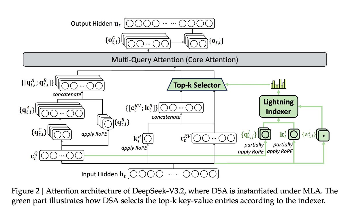 DSA는 사실 굉장히 독특한 아이디어입니다. 사람들은 효율성 향상(혹은 그 자체로도) 때문에 DSA를 높이 평가할 뿐, 업계 표준인 계층별 선형/SWA+완전 소프트맥스 하이브리드 최적화 방식과는 근본적으로 다른 접근