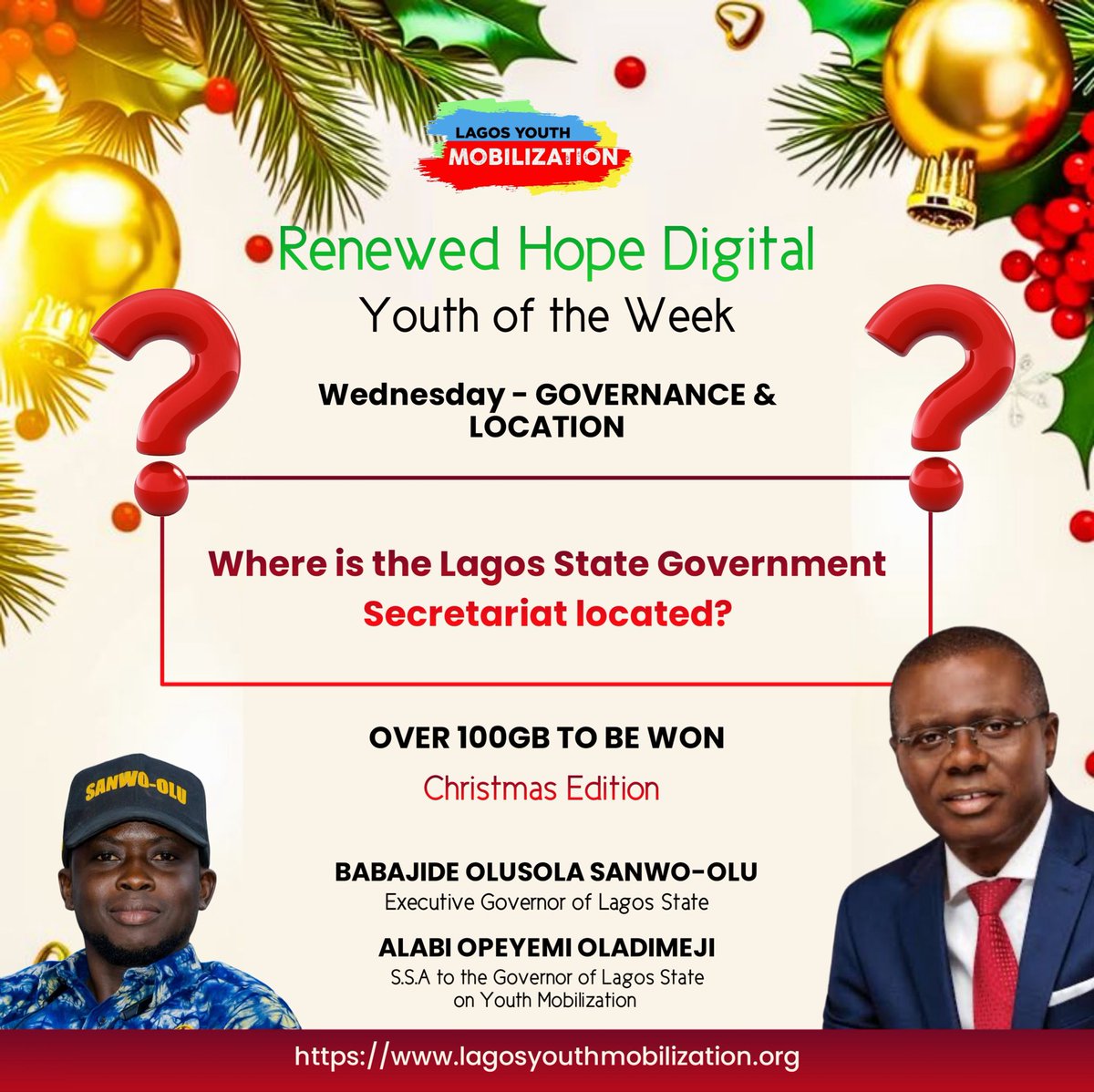 lagYouthmob's tweet photo. 📢 DIGITAL YOUTH OF THE WEEK CHRISTMAS EDITION – QUESTION  3

Where is the Lagos State Government
Secretariat located?

Drop your answer NOW across all 5 platforms to earn the maximum 30 points for today! 🔥

Before you start, make sure you are accredited.
Only accredited participants can earn points or appear on the leaderboard.

👉 Get Accredited Here:
https://t.co/KneOKpA80m
🔹 HOW TO EARN YOUR POINTS TODAY

💬 Correct Answer + #YouthMobilizationNetwork + #ATA
➡️ 2 Points per platform
(Comment once on all 5 = 10 points)

🔁 Public Share / Repost
➡️ 3 Points per platform
(Share on all 5 = 15 points)

👥 Tag at least ONE youth
➡️ 1 Point per platform
(Tag on all 5 = 5 points)

⭐ TOTAL = 30 Points Maximum for Today!

Fastest fingers matter — don’t delay! ⚡🔥

📲 IN CASE YOU DON'T KNOW OUR OFFICIAL SOCIAL MEDIA HANDLES

Engage on all 5 platforms to gain full points:

📍 Facebook:
https://t.co/pTxm1sdwTF

📍 Instagram:
https://t.co/J1IQtb8i9g

📍 Twitter (X):
https://t.co/yNKUnnEnmv

📍 TikTok:
https://t.co/V8J8J3LT3C

📍 LinkedIn:
https://t.co/PWZsPpB5J7

🙏 SPECIAL APPRECIATION TO OUR SPONSOR

This program is proudly sponsored by:
Hon. Temitope Adewale, OON
Chairman, House Committee on Transportation, Lagos State House of Assembly
Member, Lagos State House of Assembly representing IFAKO–IJAYE Local Government