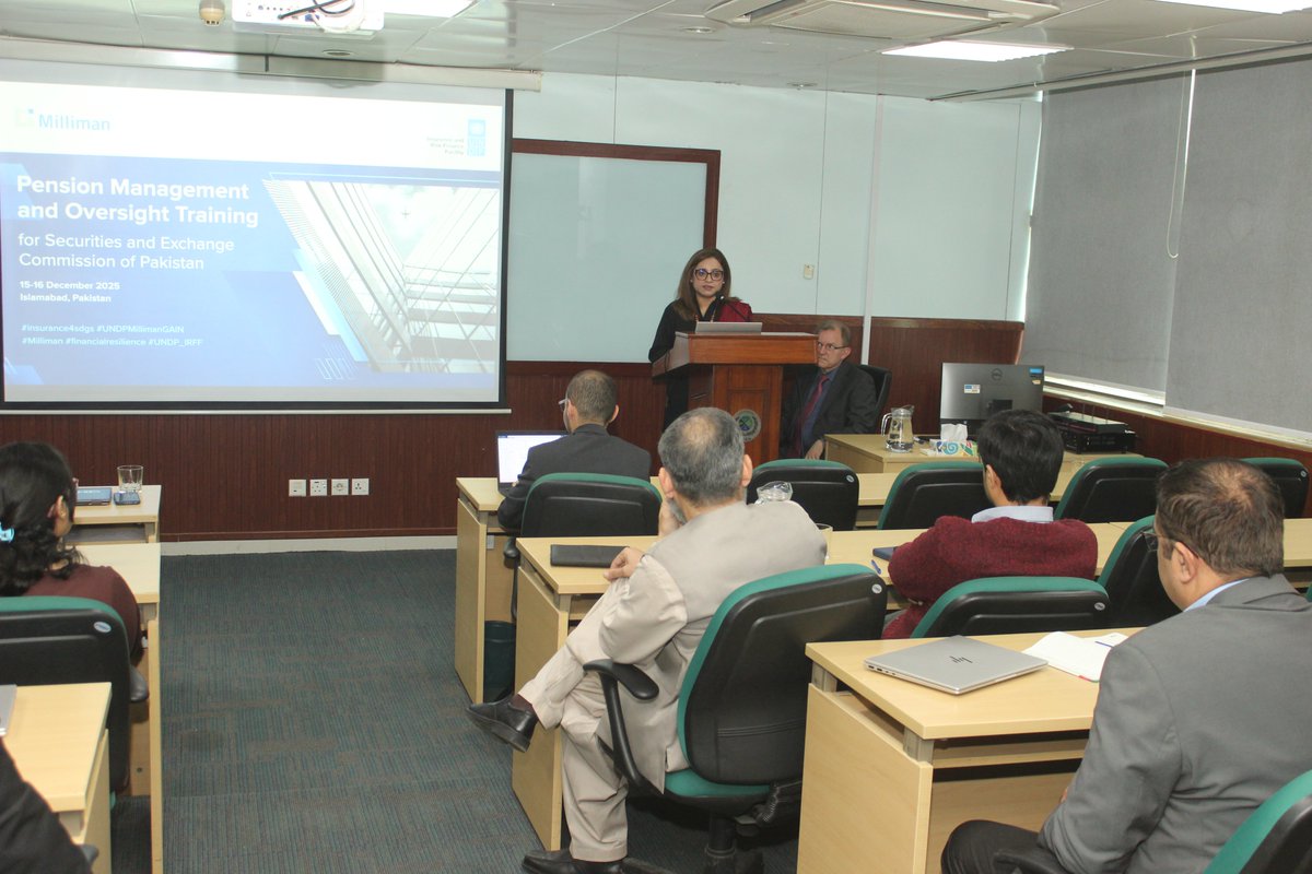 UNDP_Pakistan's tweet photo. #UNDPinPakistan, in partnership with @millimaninsight, concluded a two-day training on Pension Management and Oversight for colleagues from the @SECPakistan on 15–16 December 2025, delivered by Mr. @adrian_allott.

📘 The training was delivered under the UNDP–Milliman Global Actuarial Initiative (GAIN), which supports the strengthening of actuarial and supervisory capacities across 20 countries, including Pakistan.

🤝 In the closing session, Commissioners Mr. Zeeshan Khatak and Mr. Muzaffar Mirza recognized UNDP’s support to the insurance sector through capacity development, technical assistance, and the Insurance Innovation Challenge. Mr. Shiraz Shah, ARR UNDP, acknowledged SECP’s continued leadership in advancing risk-informed and inclusive financial systems.

#Insurance4SDGs #UNDPMillimanGAIN #FinancialResilience