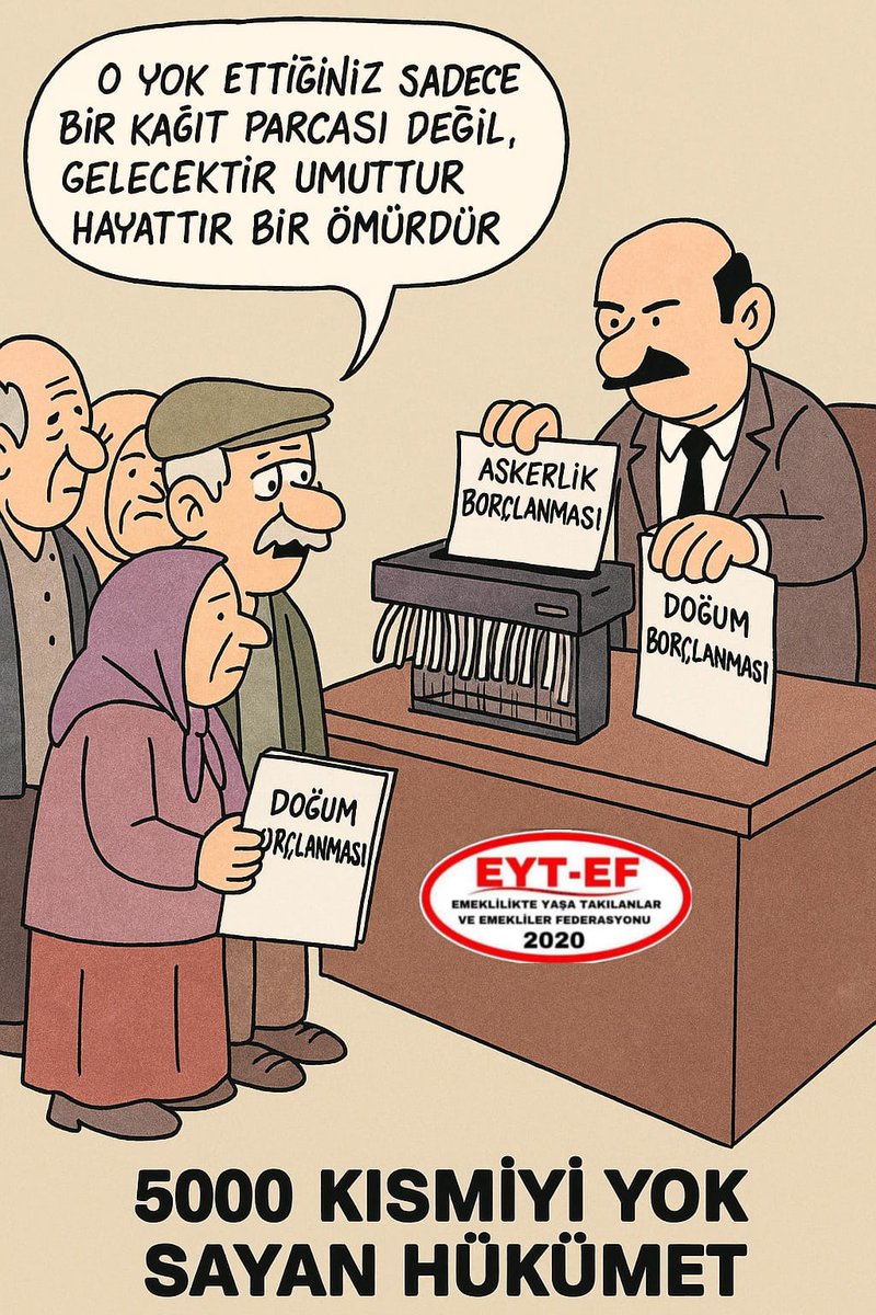 EYT
👇
#5000KısmiyiYokSayanHükümet

#EYT yasası ile 5000 Prim ve Kısmi Emeklilik şartları tam olan yüzbinler;

Hükümet yetkililerince yok sayılarak kapsam dışı bırakıldı.

Emek bölündü, hak gasp edildi.
Bu adaletsizlik unutulmaz !

#EmekliyiYokSayanBütçe
<a href="/RTErdogan/">Recep Tayyip Erdoğan</a>
<a href="/isikhanvedat/">Prof. Dr. Vedat Işıkhan</a>