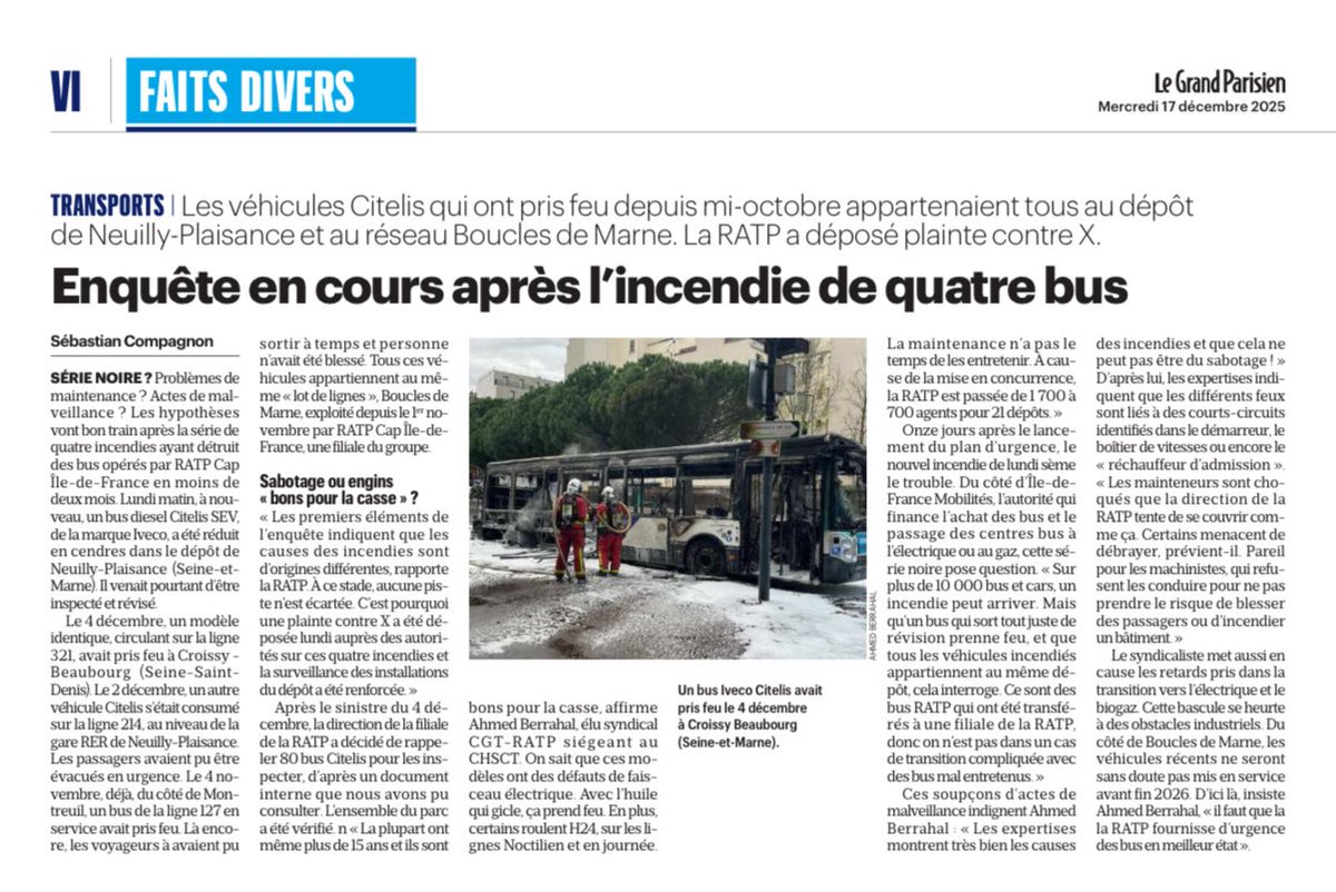 🚨Boucle de Marne :4 bus en feu et la direction accuse les mainteneurs ! Elle dépose plainte contre X et cherche des coupables… quelle honte ! <a href="/IDFmobilites/">IDF Mobilités</a> 

Ces héros travaillent avec peu de moyens, risquant leur sécurité chaque jour 💪❤️
Droit de retrait légitime.#BusEnDanger