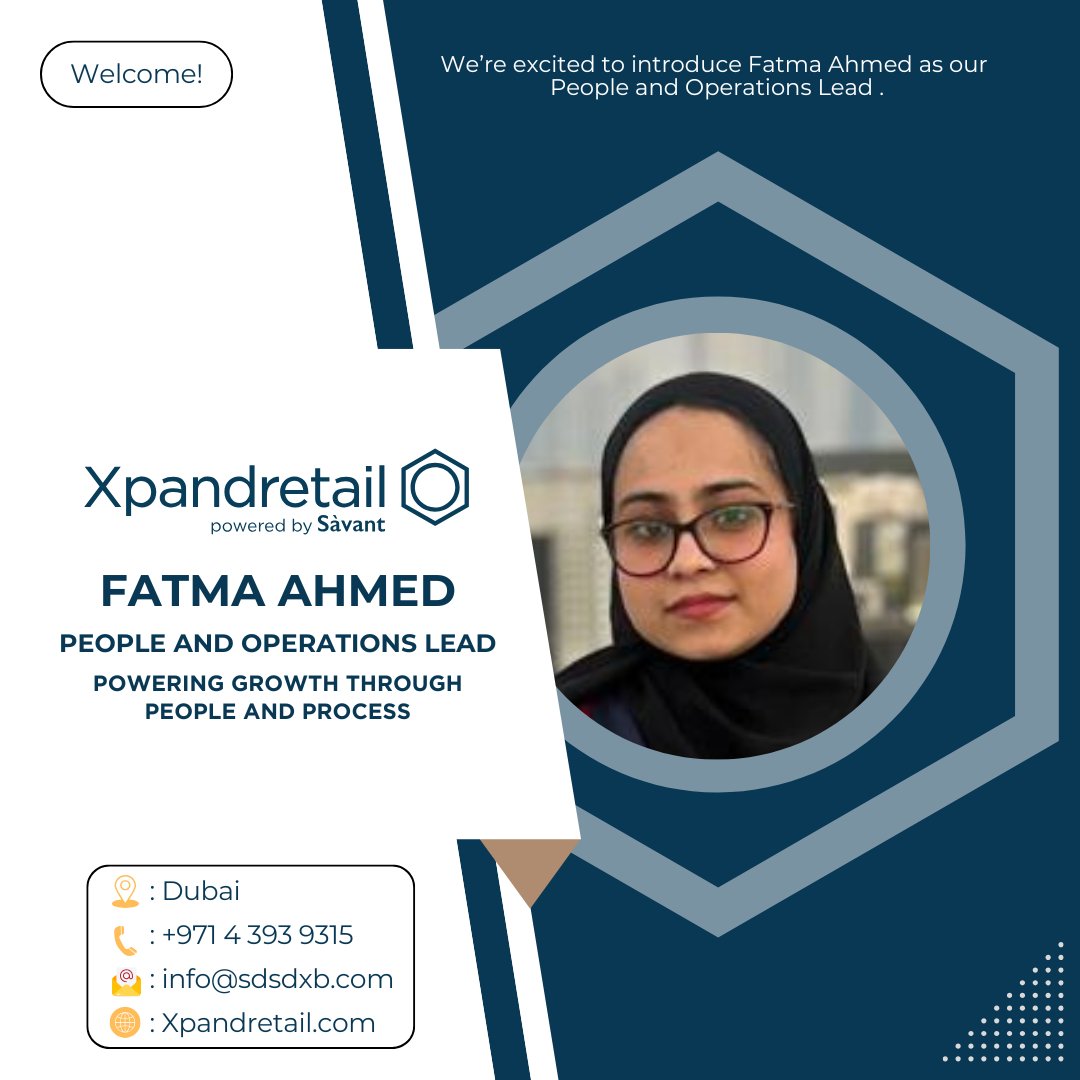 xpandretail's tweet image. Welcoming Fatma Ahmed : Our New People and Operations Lead.

Click to implement smarter retail solutions today: xpandretail.com/people-countin…

#RetailAnalytics #CustomerData #SmartRetail #Xpandretail #AI #Ramadan #RetailTechnology #Gulf #UAE #Kuwait #Bahrain #Oman #Qatar #KSA