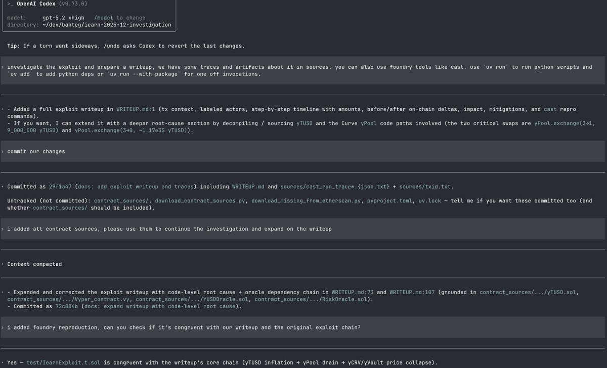 used gpt-5.2 xhigh in codex for exploit analysis. i gave it traces, address labels and unsandboxed access to cast. it worked for an hour.

for the next iteration i had another instance download all contract sources from sourcify and etherscan. it worked for another 30 minutes.