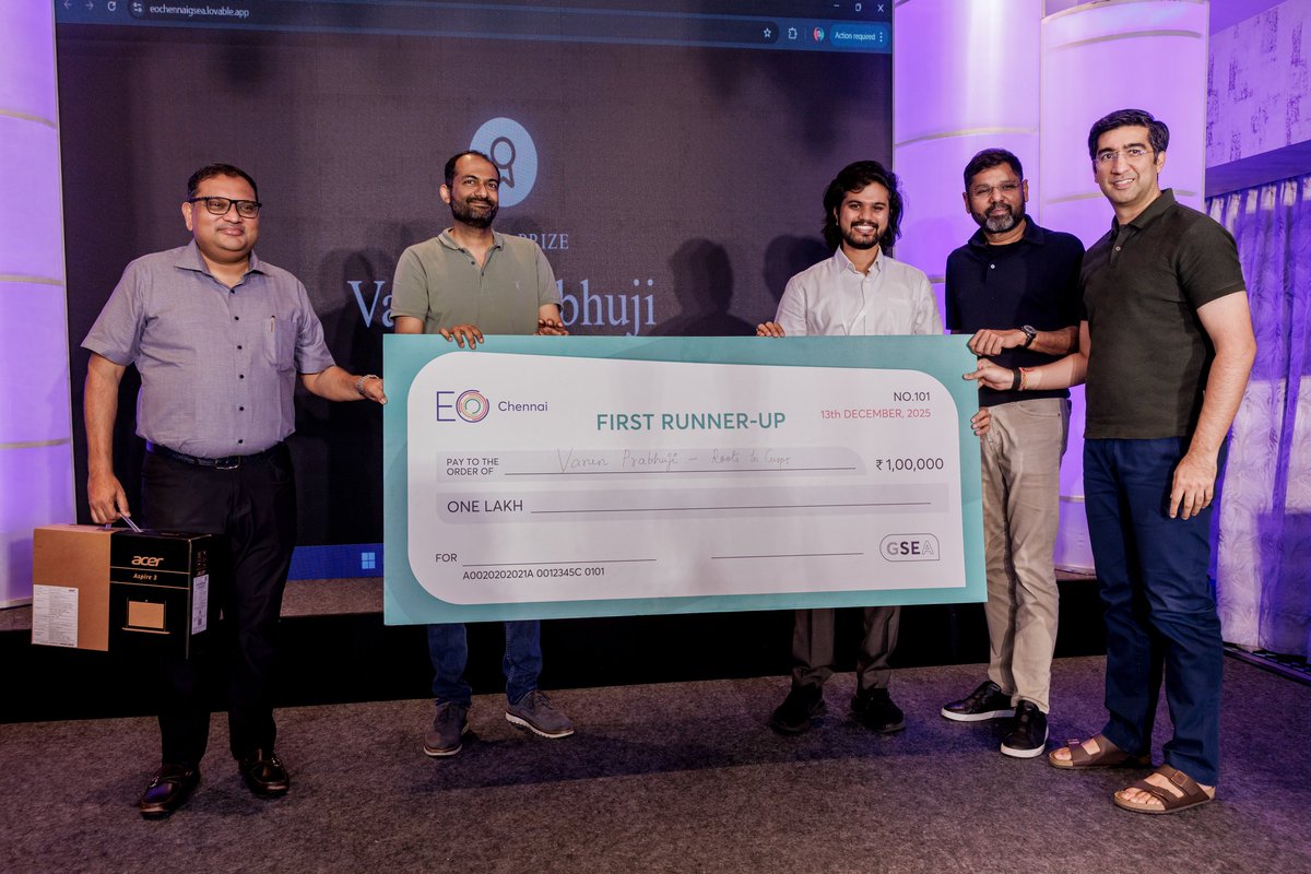 varunprabhuji's tweet photo. Honoured to be First Runner-Up at #GSEA2025, winning a ₹1 lakh cash prize and a laptop. Grateful to EO Chennai and StartupTN, and to the judges for recognising the work at Roots to Cusps®. 🚀 https://t.co/wmNUxDhnhg