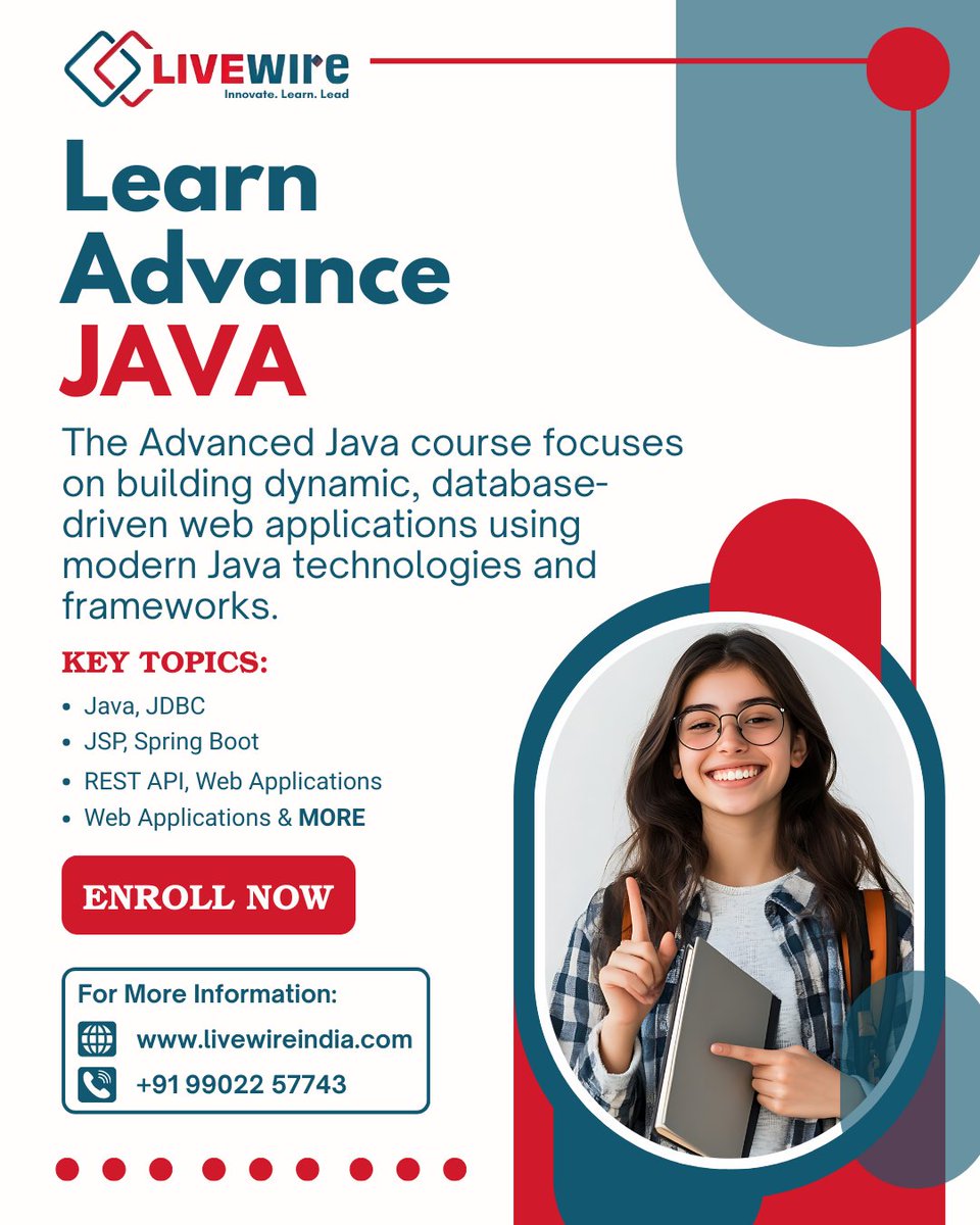 BskLivewire's tweet image. Advanced Java skills are what turn coders into developers. Upgrade now before the opportunity passes.
Call: +91 99022 57743
 livewireindia.com/location/banga…
#AdvancedJava #JavaCareers