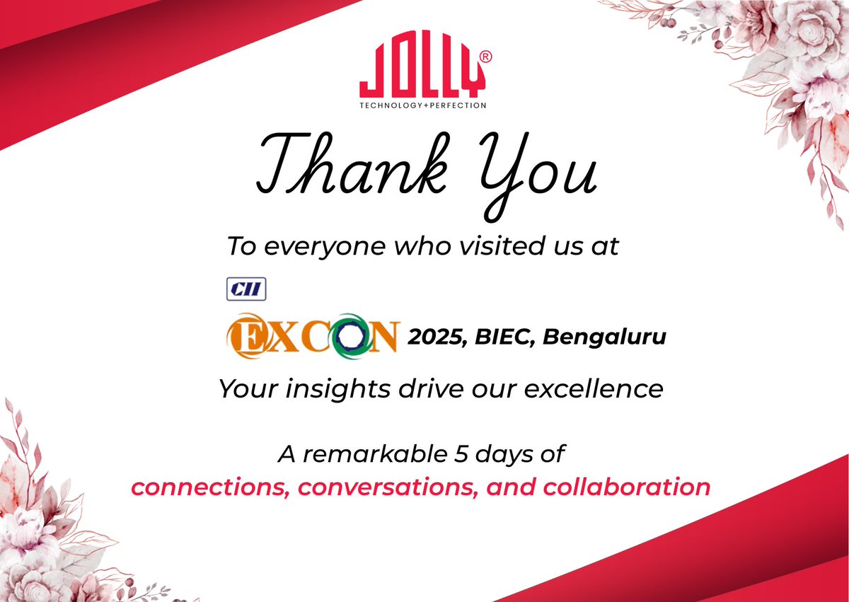 JollyClamps's tweet photo. Thank you to everyone who visited us at EXCON 2025, BIEC, Bengaluru! 
Five days of meaningful connections and collaboration. 
Your insights drive our excellence. Looking forward to the next chapter together. 
#EXCON2025 #Manufacturing #Precision #TechnologyAndPerfection https://t.co/2klAVNAlds