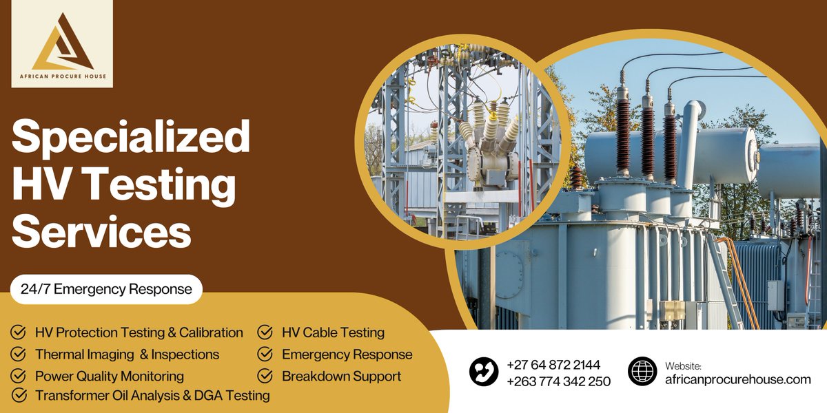 Africanprocure's tweet image. 🔌✨ Unlock the Power of Safety with Our Specialized HV Testing Services!

From HV protection testing and calibration to thermal imaging and inspections, our expert team is here for you 24/7. 

#HVTesting #SafetyFirst #AfricanProcureHouse #EnergyEfficiency #EmergencyResponse