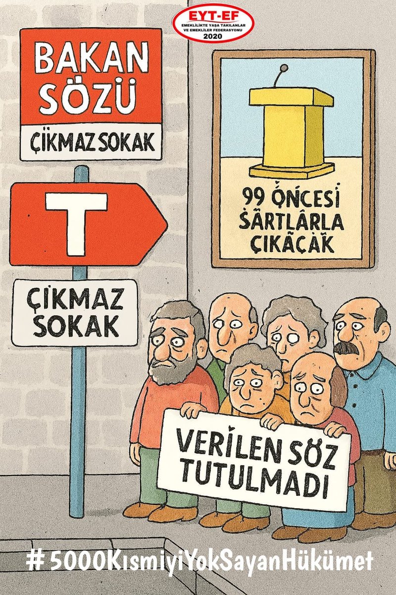 EYT
👇
#5000KısmiyiYokSayanHükümet

#EYT yasası ile 5000 Prim ve Kısmi Emeklilik şartları tam olan yüzbinler;

Hükümet yetkililerince yok sayılarak kapsam dışı bırakıldı.

Emek bölündü, hak gasp edildi.
Bu adaletsizlik unutulmaz !

#EmekliyiYokSayanBütçe
<a href="/RTErdogan/">Recep Tayyip Erdoğan</a>
<a href="/isikhanvedat/">Prof. Dr. Vedat Işıkhan</a>
