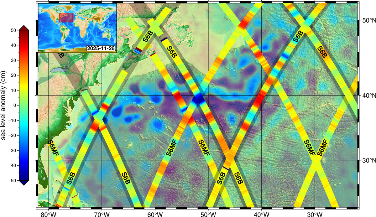 RevesdEspace's tweet photo. ð°ïļ LancÃĐ le 19 novembre dernier, #Sentinel6B de #Copernicus a livrÃĐ sa premiÃĻre image : Traces au sol Sentinel-6B et Sentinel-6 Michael Freilich montrant le courant du Gulf Stream dans l'ocÃĐan Atlantique Nord au large des cÃītes des Ãtats-Unis.
+ d'infos: https://t.co/pXsKEtRUoh https://t.co/5iEVb5YzGt