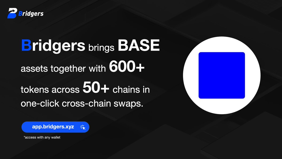Bridgersxyz's tweet photo. Bridging @base to the multichain world 🚀
#Bridgers supports one-click cross-chain swaps for $ETH(base) and other #BASE assets across 50+ chains and 600+ tokens.
Built-in swap service for #MetaMask, #TrustWallet, #TokenPocket, #imToken and many other leading wallets, with peak daily volume hitting $10M+.
One seamless cross-chain experience.
Let’s connect #BASE with the multichain future.
👉 https://t.co/JMr7V8sKVa