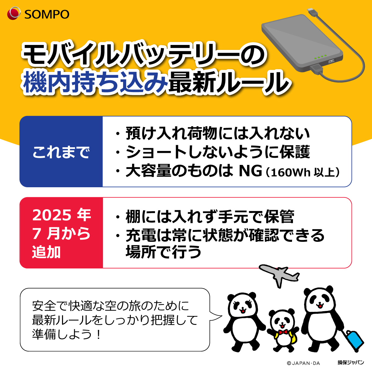 ご注意ください⚠️ #モバイルバッテリー の機内持ち込み新ルール 発煙・発火事故の増加を受け、国内線では 7  月から以下が新ルールとして追加されました。 ・頭上棚に収納 NG ・手元で管理する  海外では「機内での使用・充電」が禁止されている航空会社も増えています ...