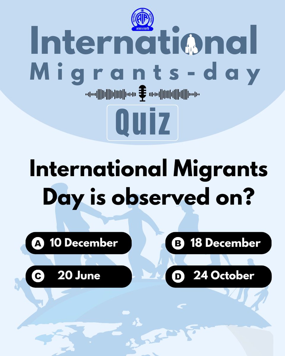 AkashvaniAIR's tweet image. #QUIZTIME
1. International Migrants Day is observed on:
A. 10 December
B. 18 December
C. 20 June
D. 24 October
#InternationalMigrantsDay