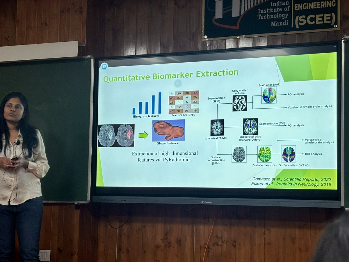 PTenigma's tweet photo. Prof Vaanathi Sundaresan (IISc Bangalore) explains how AI methods save time in radiology via segmentation and labeling of brain lesions (tumors, hemorrhages, infarcts) using encoder-decoder UNets #ICVGIP plenary Mandi Himachal Pradesh https://t.co/ZQ8tRlew1D
