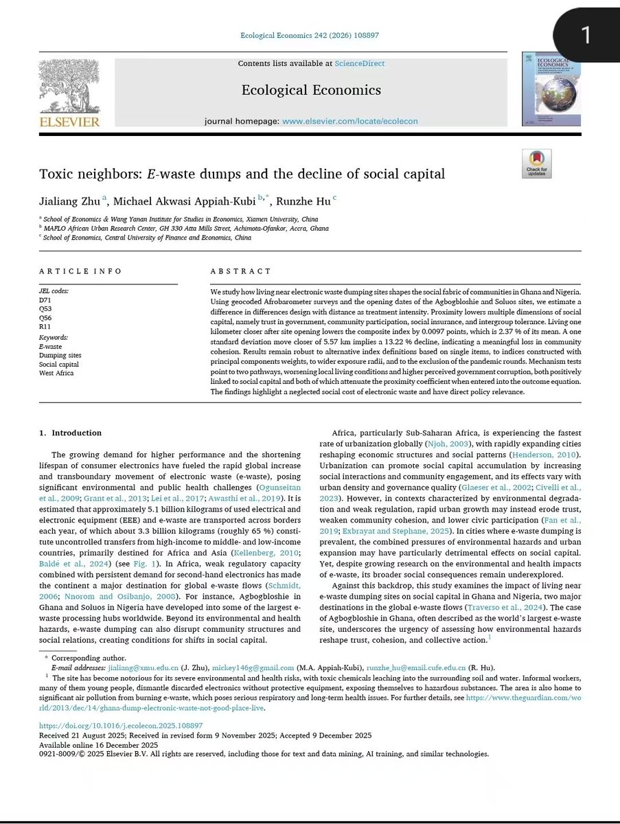 K_appiahkubi's tweet photo. Living near e-waste dumps in Ghana &amp; Nigeria erodes trust, safety, and community ties—poisoning not just land, but social fabric. New study in *Ecological Economics*. 🔗https://t.co/SyIp3ygx8Z #Ewaste #SocialCapital https://t.co/CPnfM1AUyr