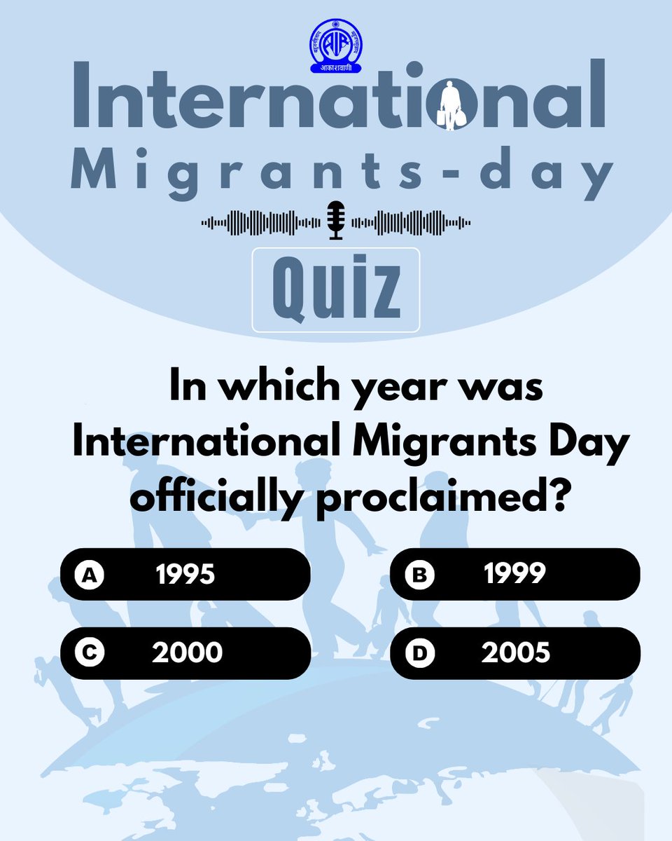 AkashvaniAIR's tweet image. #QUIZTIME
In which year was International Migrants Day officially proclaimed?
A. 1995
B. 1999
C. 2000
D. 2005
#InternationalMigrantsDay