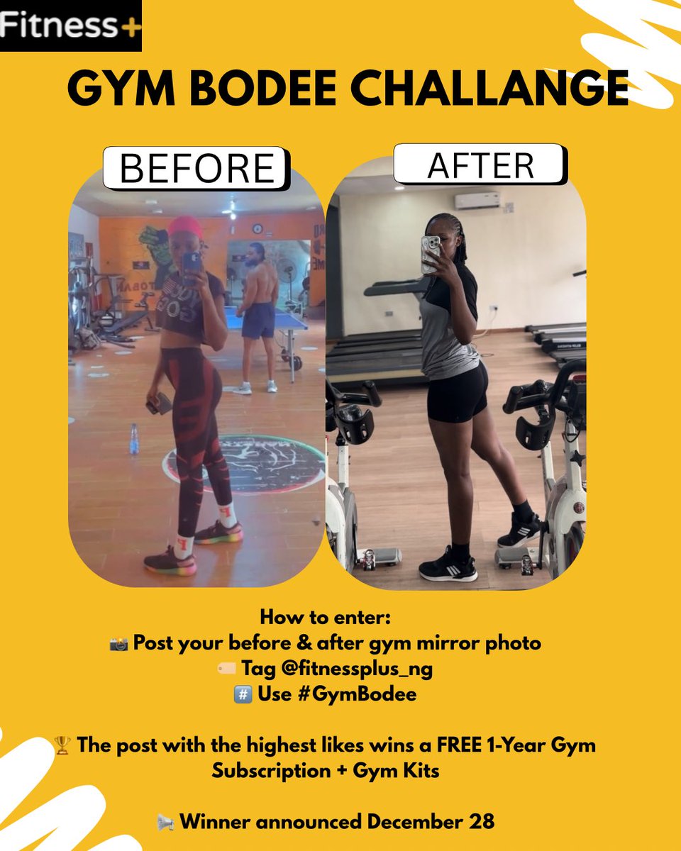 FitnessPlus_NG's tweet photo. Think you’ve got what it takes?

Follow the instructions on the graphic and your transformation could be the next winner! ✨🌟

#gymbodee #transformation #challenge #1yearfreesubscription #gym #fitfam #gyminyaba #gyminikota https://t.co/3HkzYaO0XZ