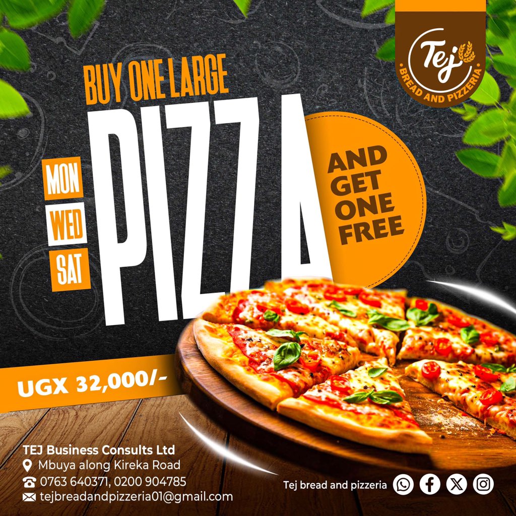 EnshariJR's tweet image. DECEMBER PARTY ALERT @tejbreadandpizz
Sizzle into Savings! Snag a LARGE pizza for just UGX 32,000 and SCORE ANOTHER FREE. 
Every MON, WED and SAT💯💯
We are located in Mbuya along Kiraka Road!   
Dial: 0763 640371 | 0200904785

#TEJBreadAndPizzeria