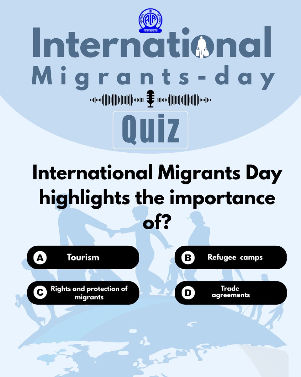 AkashvaniAIR's tweet image. #QUIZTIME
International Migrants Day highlights the importance of:
A. Tourism
B. Refugee camps
C. Rights and protection of migrants
D. Trade agreements
#InternationalMigrantsDay