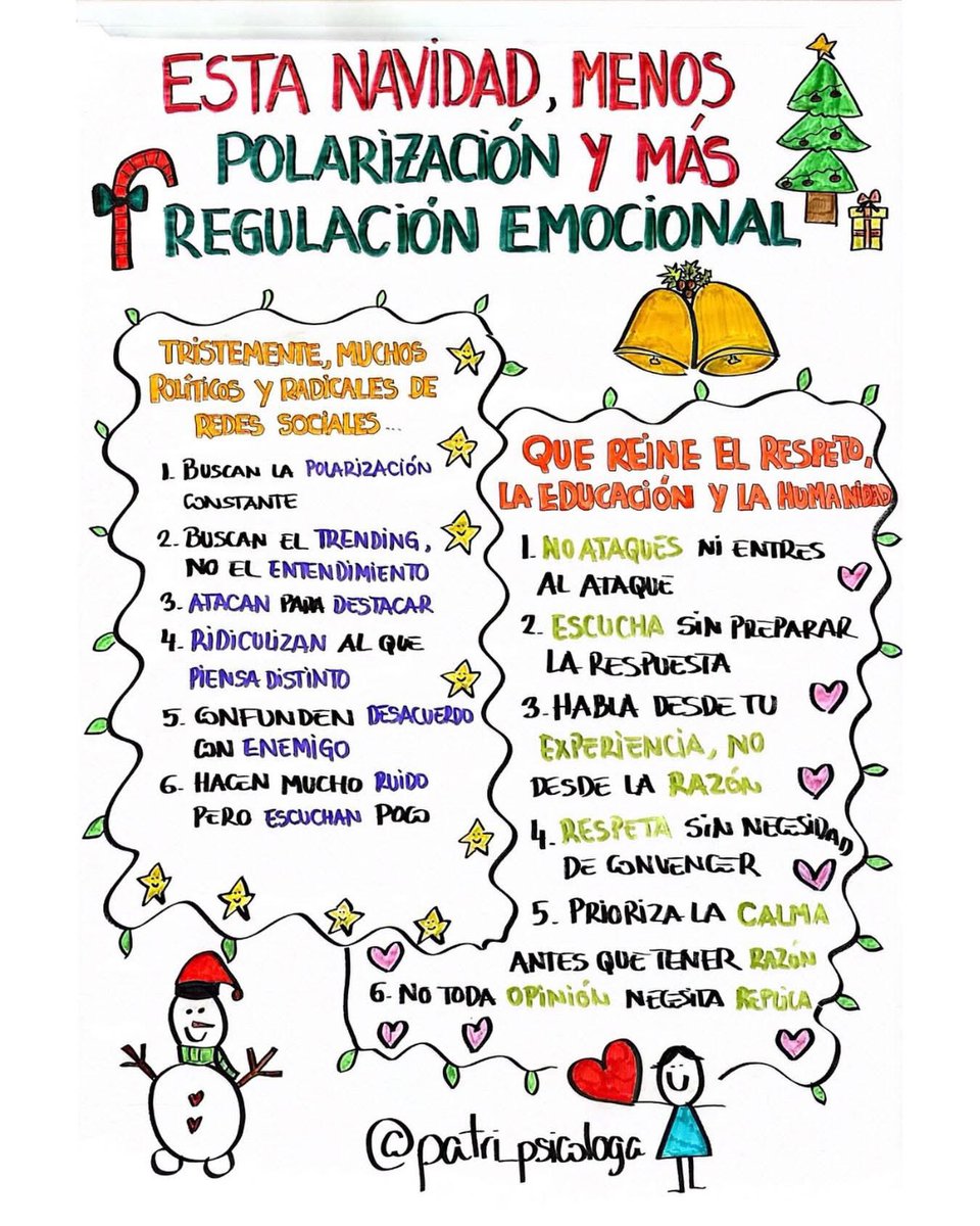 Patri_Psicologa's tweet photo. 🎄Esta Navidad no copiemos el peor ejemplo

Estamos rodeados de mensajes polarizados. De ataques convertidos en espectáculo. 

Estas fiestas probemos algo revolucionario: escuchar sin atacar, hablar sin ridiculizar y respetar sin necesidad de convencer.

💕https://t.co/uQEVu3eUep https://t.co/iOpYKNoZY4