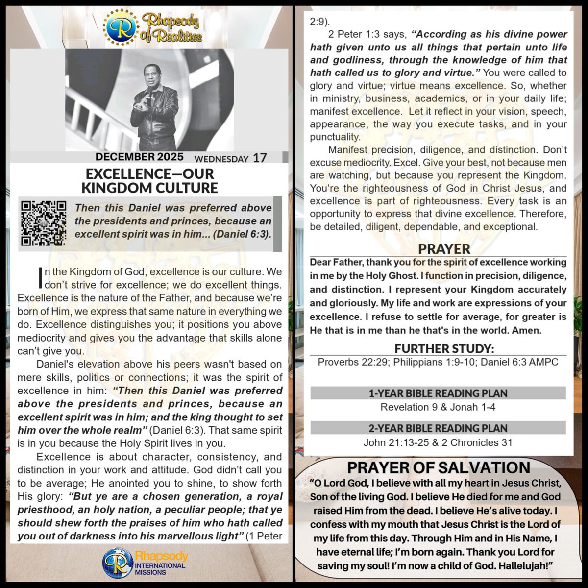 ZMasikati67524's tweet photo. 17 December 2025
Rhapsody of Realities by Pastor Chris Oyakhilome

Excellence- our kingdom culture

#ExcellenceCulture
#LiveRight
#ReadRhapsody https://t.co/C1hcXIURhU