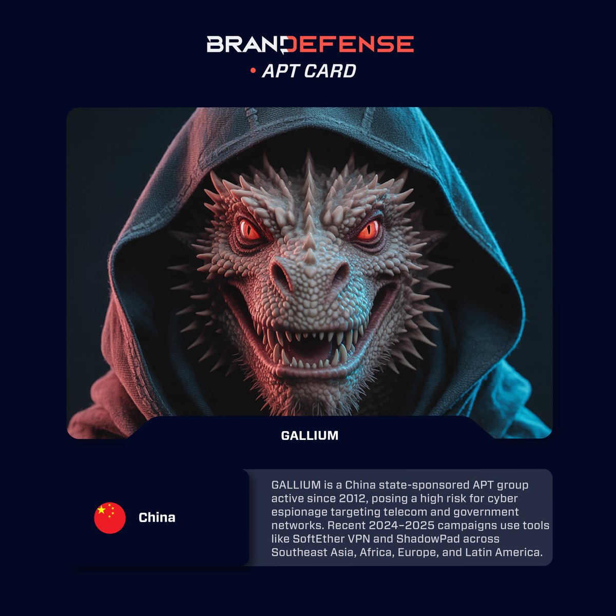 🚨 Understanding nation-state cyber espionage isn’t optional; it’s strategic risk management.

Our latest Brandefense blog dissects GALLIUM, a China-linked APT targeting telecom and government infrastructures with increasingly sophisticated tooling in 2024–25.

This profile