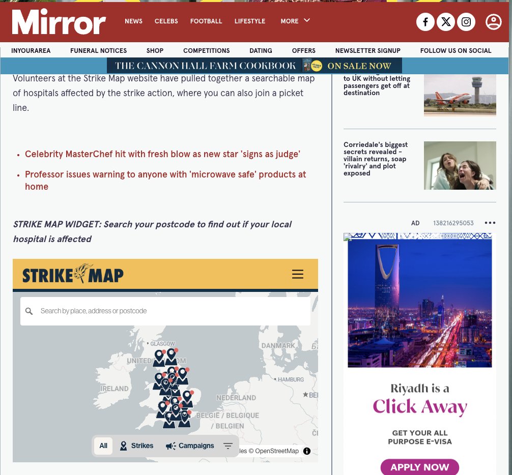 One and only #StrikeMap featured in today’s <a href="/DailyMirror/">The Mirror</a> mapping all the <a href="/BMAResidents/">Resident Doctors</a> strikes.

See here: mirror.co.uk/news/politics/…

Thanks to <a href="/LizzyBuchan/">Lizzy Buchan</a> 

#NHSstrike #DoctorsStrike #ResidentDoctorsStrike