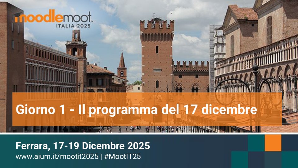 Inizia oggi a Ferrara MoodleMoot Italia 2025, l'evento che riunisce annualmente la comunità italiana di Moodle.

Il programma dettagliato della prima giornata di #MootIT25 è disponibile sul sito dedicato.

eventi.aium.it/event/8/timeta…