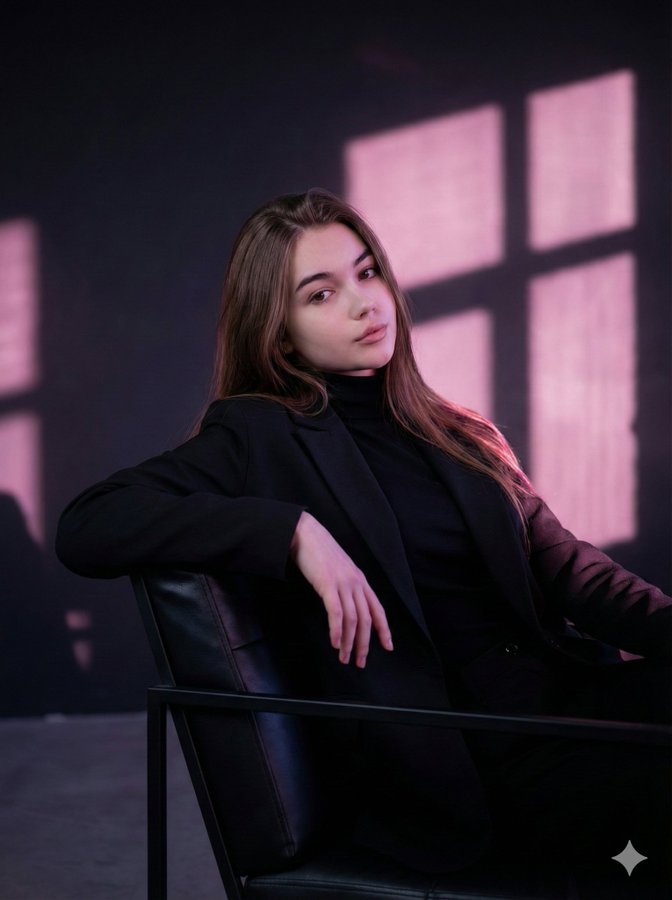 Nano banana Pro on Gemini app.

A stylish, cinematic portrait of a young woman seated in a modern ch