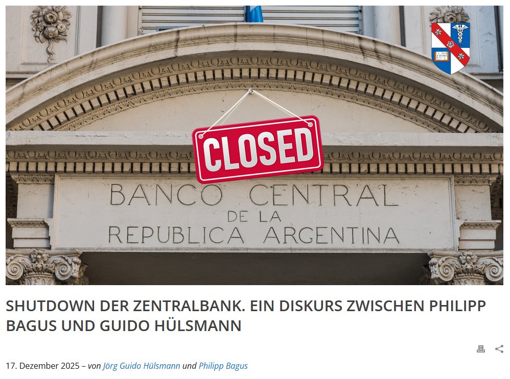 Wege aus dem Fiatgeld. Zentralbank zusperren und Schlüssel wegwerfen oder Schritt für Schritt?

Zwei ausgewiesene Experten und Austrians, Philipp Bagus <a href="/PhilippBagus/">Philipp Bagus</a> und Guido Hülsmann, im Diskurs.

Jetzt hier Doppelbeitrag kostenlos lesen:
misesde.org/2025/12/shutdo…