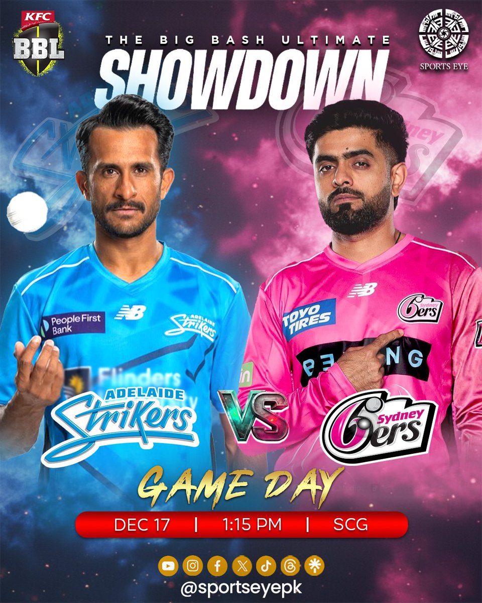 sportseyepk's tweet photo. 🌟 ALL EYES ON KING BABAR. #SSvAS #BBL15
Sydney Sixers 🆚 Adelaide Strikers.
The biggest signing of #BBL15, Babar Azam. A Nation watches. Will he start with a classic?
Hasan Ali also in the mix. This is must-watch cricket.
RETWEET for Babar support. LIKE for Sixers win. https://t.co/Ps0znxolaX