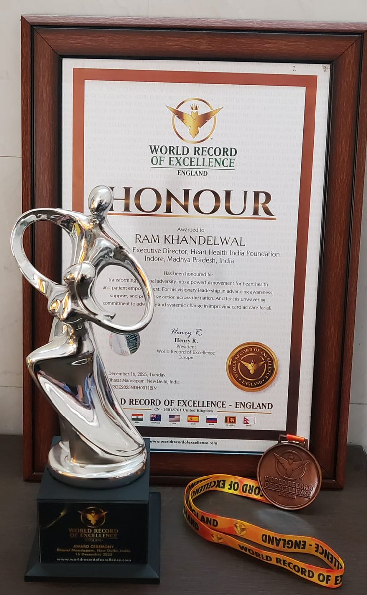 HeartHealthInd's tweet photo. Proud moment for Heart Health India Foundation.
Our Founder &amp; Director, Mr. Ram Khandelwal, was honoured with the World Record of Excellence, England for his leadership in heart health awareness. #WorldRecordOfExcellence #HeartHealthIndiaFoundation #GlobalRecognition https://t.co/TQzg471A34