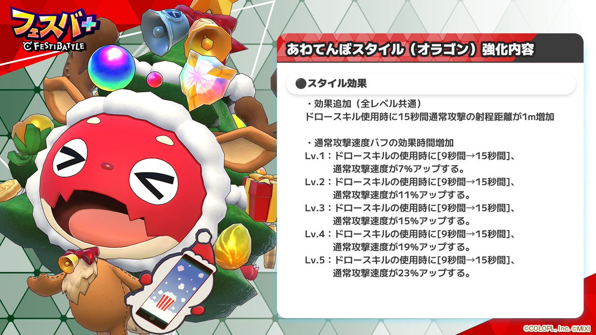 【あわてんぼスタイル（オラゴン） 上方調整のお知らせ】

12/19 16:00に「あわてんぼスタイル（オラゴン）」が上方調整されます。
ゲーム内のお知らせもチェックしてくださいね。

#フェスバプラス