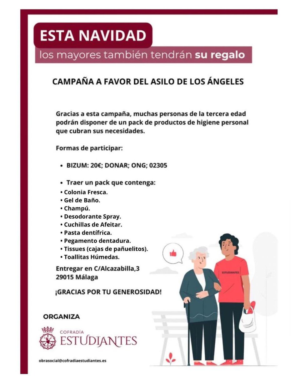 🎄✨ ESTA NAVIDAD, LOS MAYORES TAMBIÉN TENDRÁN SU REGALO ✨🎄

Ponemos en marcha una campaña solidaria a favor del Asilo de Los Ángeles ❤️

🤝 ¿Cómo puedes ayudar?

💳 Bizum solidario:
👉 Donar · ONG · 02305 (20€)

📍 Entrega: C/ Alcazabilla, 3 · 29015 Málaga

#CofradiasMLG