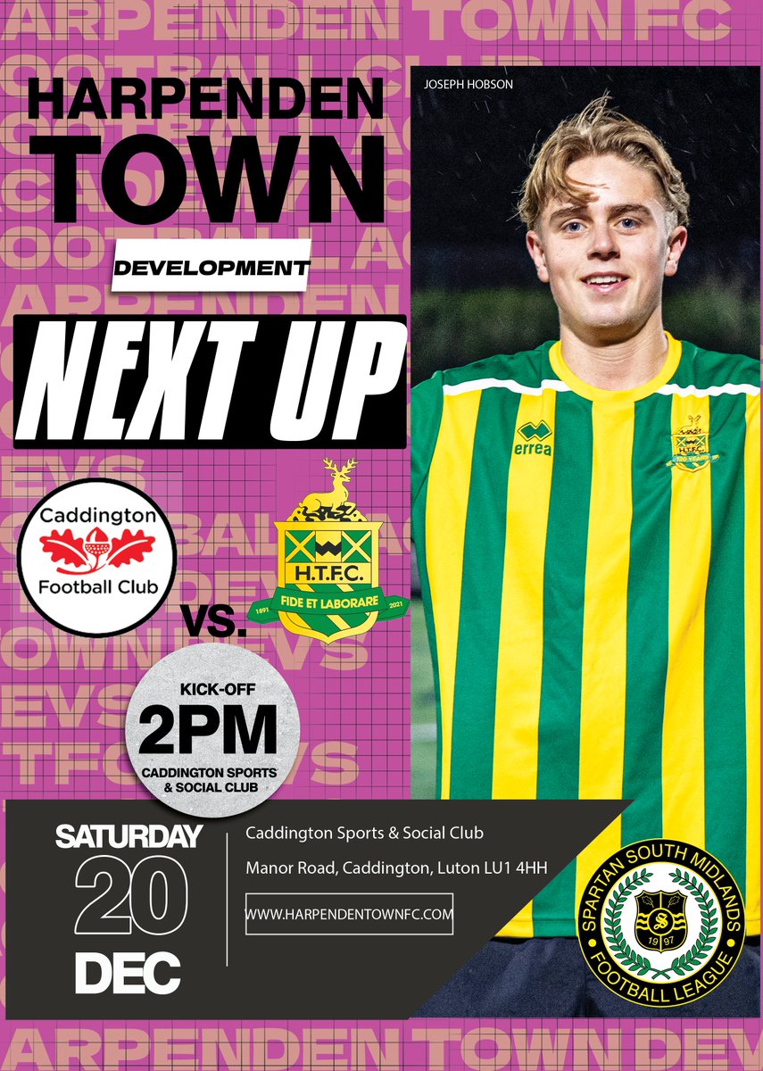 HTFCDevelopment's tweet image. ɴᴇxᴛ ᴜᴘ  

⚽️ Caddington vs Harpenden Town Devs  
🕑 2pm KO Sat. 20th Dec. 2025
📍Caddington Sports &amp;amp; Social Club
Manor Road, Caddington, Luton LU1 4HH
 
Val Qoku &amp;amp; Dan Marjanović's young side look to bounce back from their first defeat since September

#NonLeague #Harpenden