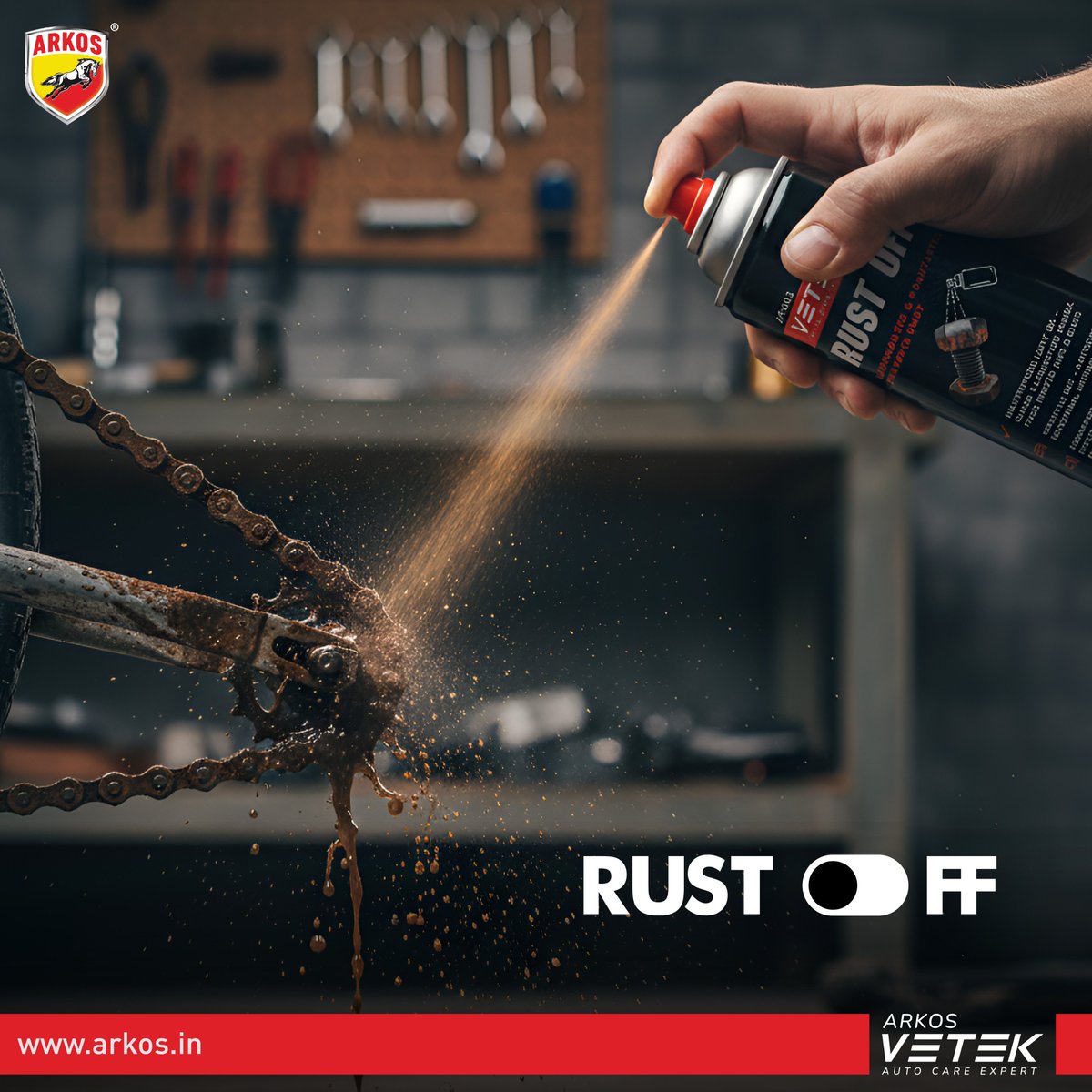 Arkosapar1's tweet photo. Don't let rust stop you! Whether it's your bike chain, car parts, or workshop tools, rust is a universal headache. Restore seized parts and protect your metal surfaces instantly with ARKOS VETEK RUST OFF. 

#Arkos #ArkosVetek #CorrosionProtection #RustRemover #DIYRepair #AutoCare https://t.co/oVT4jv1Hiu