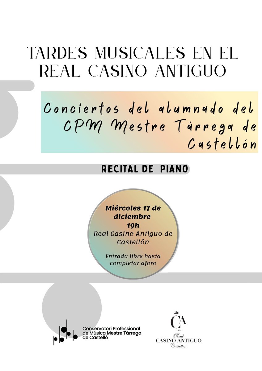 Hoy, miércoles 17 de diciembre, a las 19'00h, ciclo Tardes Musicales en Real Casino Antiguo  Concierto de Piano por alumnos del Conservatori Mestre Tàrrega de Castelló 

** Entrada libre hasta completar aforo