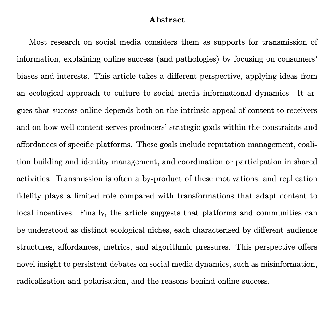 acerbialberto's tweet image. New preprint: "The Cultural Ecology of Social Media"

osf.io/preprints/soca…

Thread
⬇️⬇️⬇️