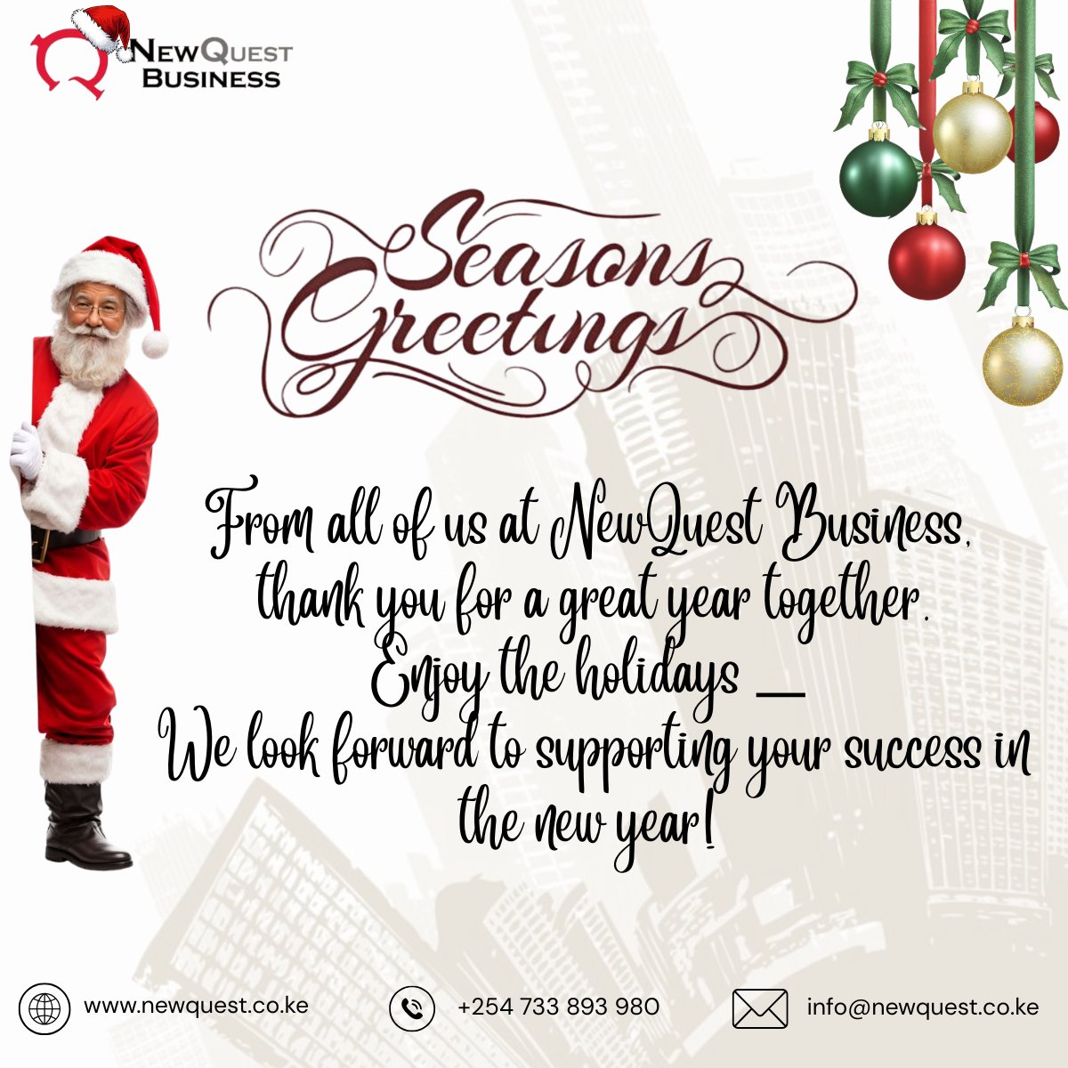 NewQuest_Co's tweet photo. As the year ends, we thank our clients for trusting NewQuest Business with their accounting, tax &amp; audit needs.

Wishing you a peaceful and prosperous festive season and a strong start to the year ahead.

#FestiveSeason #YearEnd #TaxKenya #Accounting #Closingweek https://t.co/SIL4h9uSn3