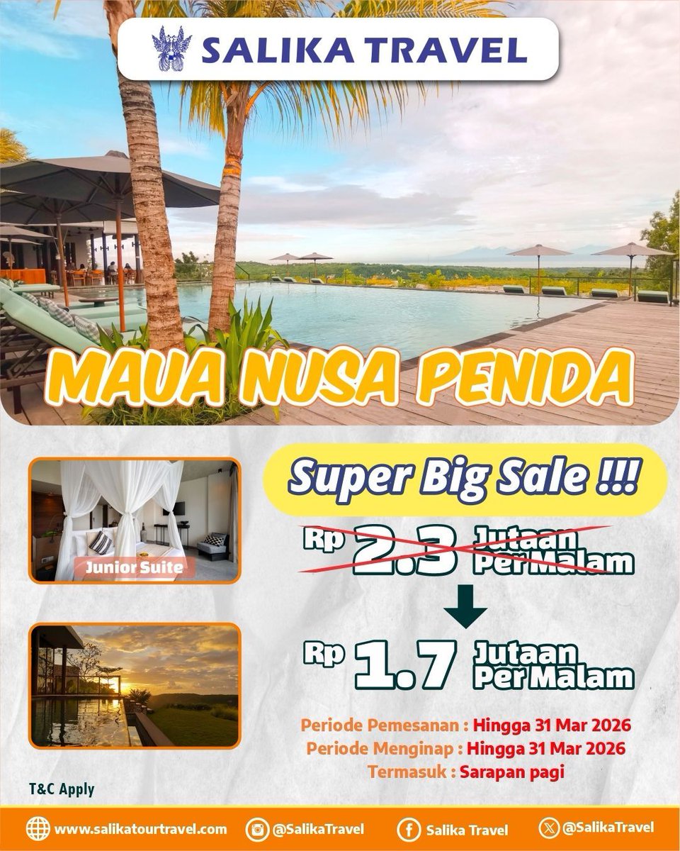 Dapatkan PROMO SPESIAL untuk pengalaman menginap mewah di MAUA Nusa Penida

Nikmati diskonnya &amp; jangan sampai ketinggalan !

Rsv hub
wa.me/6285954487807
wa.me/6281945166878
wa.me/6281803863912

T&amp;C Apply
#SalikaTravel
#HotelOffer
#HotelPromo
#HotelBali
#DiIndonesiaAja