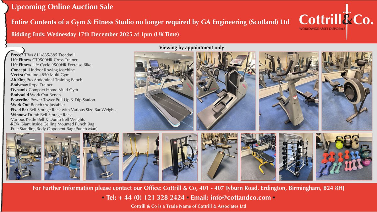 📆 Online #Auction Sale - 17 Dec 2025 - Entire Contents of a #Gym &amp; #Fitness Studio no longer required by GA Engineering (Scotland) Ltd  

Link to Auction: cottandco.com/en/lots/auctio…