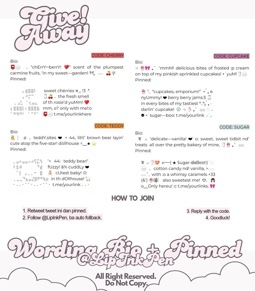 LipInkPen's tweet image. ᅠ
⠀♥︎% #ZONAUANG GIVEAWAY WORDING! 🪽

For celebrating LipInkPen officially active again, Isa mau give away 𓊆 4 BUNDLE BIO &amp;amp; PINNED 𓊇 ⓘ Syaratnya: 

I. Follow aku (BA auto fb! &amp;gt;＿&amp;lt;), 
II. Repost tweet ini, 
III. Repost pinned, 
IV. Reply the code! 

Good luck! ⭐
⠀