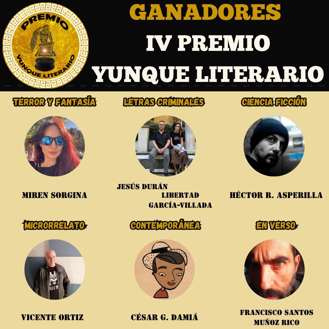 Anunciamos los ganadores del IV Premio Yunque Literario:

Terror: El juego de la tierra — Miren Sorgina

Criminal: Rota — <a href="/joseyshepard/">Jesús Durán</a>  y <a href="/LibertadVillada/">Libertad García-Villada</a> 

Ciencia ficción: CUBO — <a href="/IpsaMors/">Héctor R. A.</a> 

Microrrelato: Me gusta la mandarina — <a href="/vicenamon/">𝕍𝕚𝕔𝕖𝕟𝕥𝕖 𝕆𝕣𝕥𝕚𝕫</a> 

👇👇👇