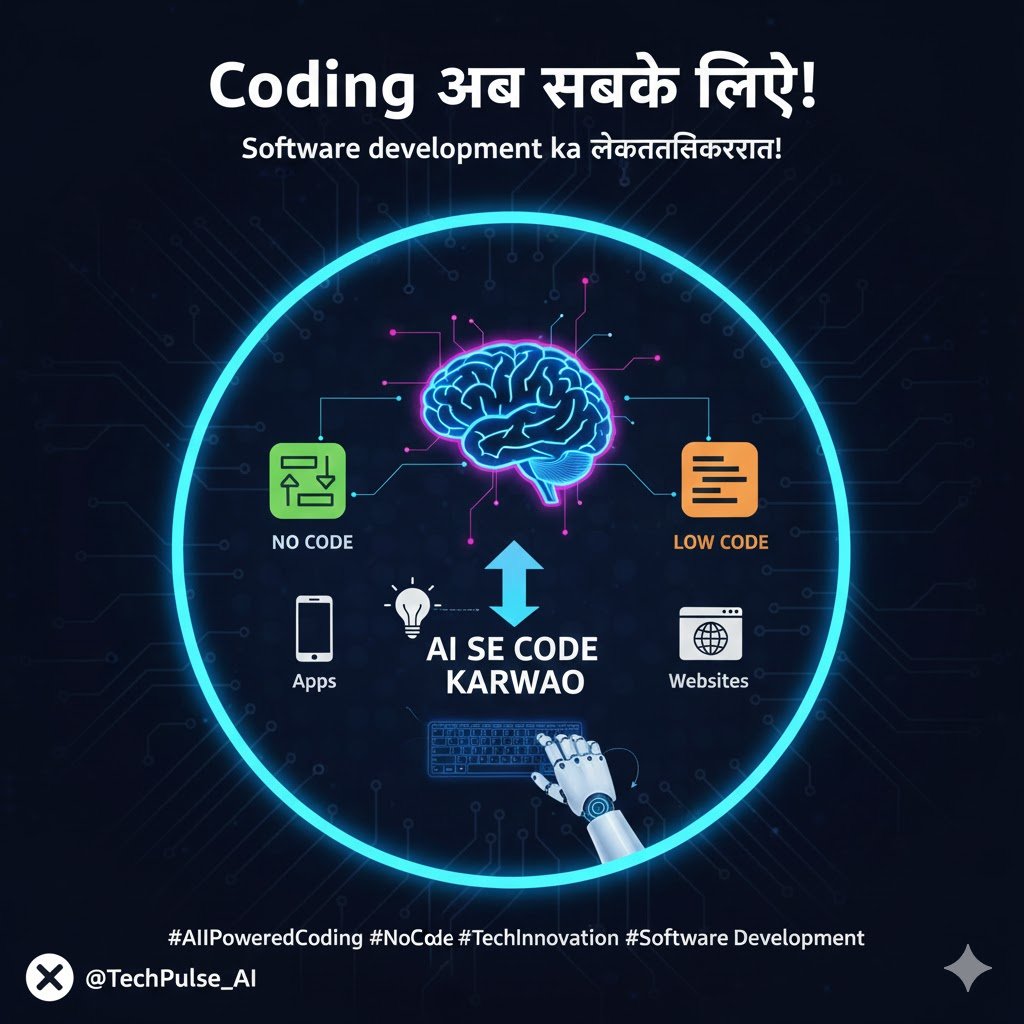 TechPulse__AI's tweet image. Coding ab sabke liye! 💻 Low-code/No-code AI platforms se ab koi bhi apps aur websites bana sakta hai. Sirf idea socho aur AI se code karwao. Software development ka loktantrikaran!#AIPoweredCoding #NoCode #TechInnovation #SoftwareDevelopment